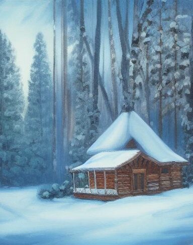 A painting of cabin in a snowy forest in winter season
