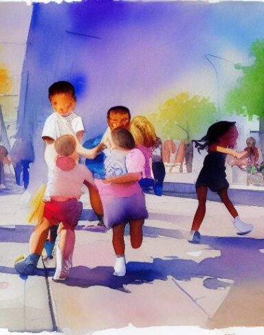 A painting of children playing a city street