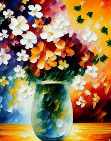 A painting of floral in a vase on a table