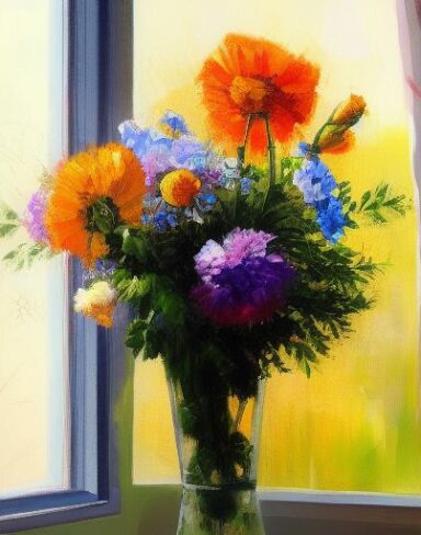 A painting of flowers in a vase on a window side