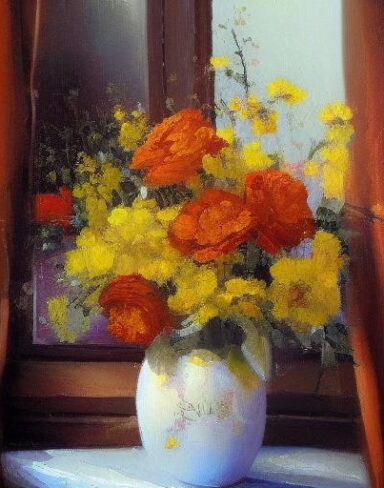A painting of flowers in a vase on a window sill