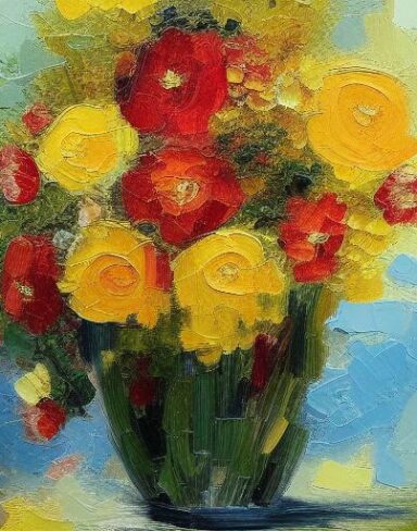 A painting of flowers in a vase on the table