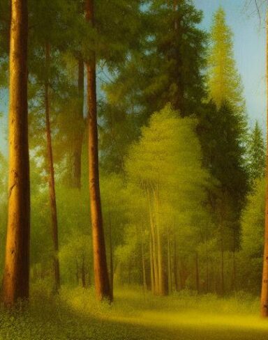 A painting of many trees in a forest