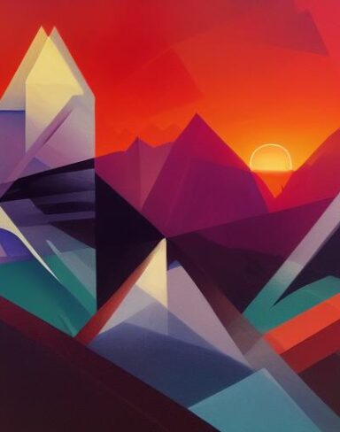 A painting of mountains and sunset in the background