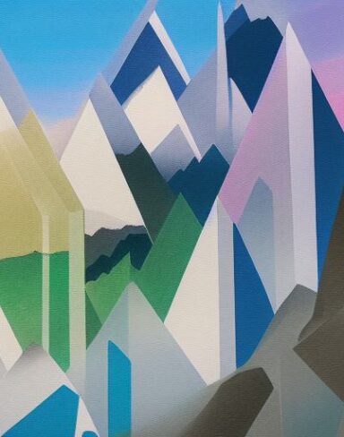 A painting of mountains in the background