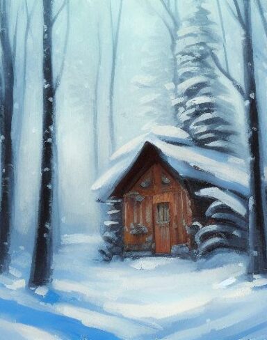 A painting of one cabin in a snowy forest in winter