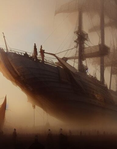 A painting of people standing aside a giant ship