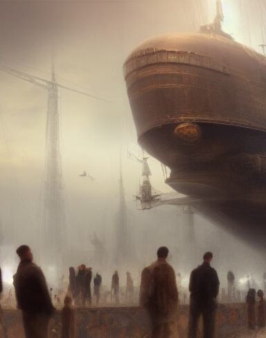 A painting of people standing in front of a giant ship