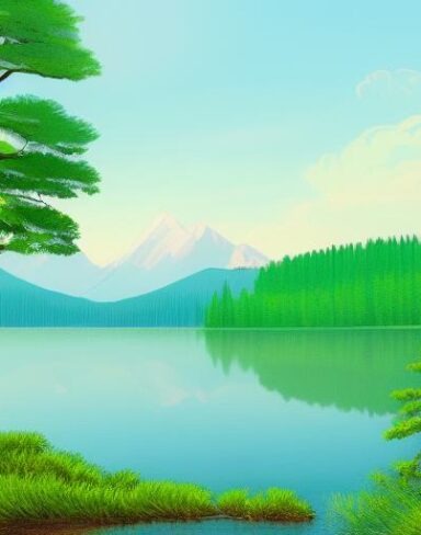 A painting of pine trees surround a lake