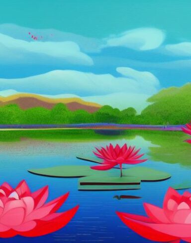A painting of red lotus lake