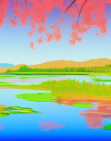 A painting of red lotus lake