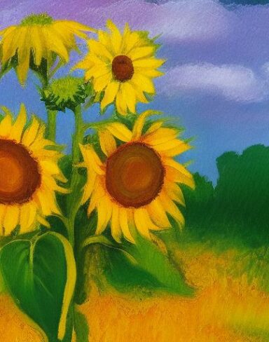 A painting of sunflowers in a field
