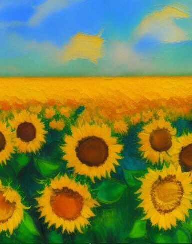 A painting of sunflowers in the field
