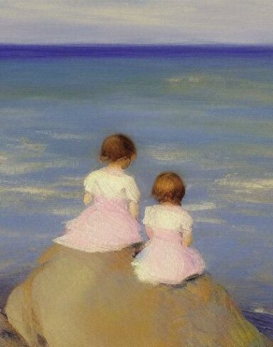 A painting of two children sitting on a rock by the ocean