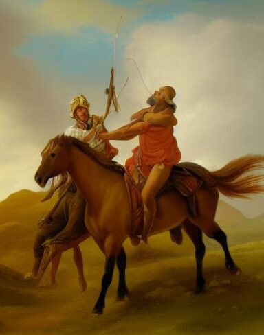 A painting of two man riding on two horses on the grassland