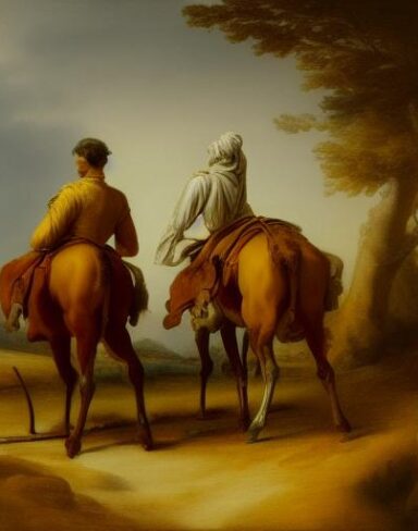 A painting of two man walking with horse