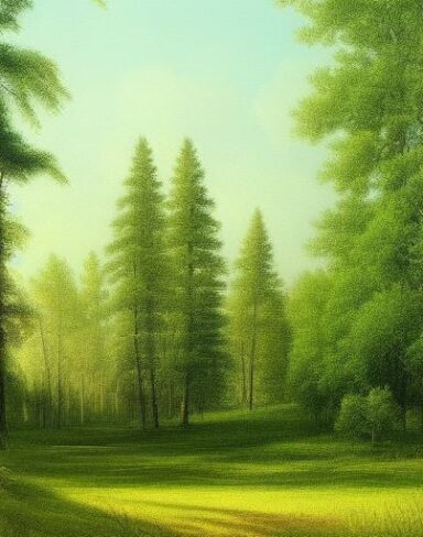 A painting of various tall and green trees in a forest with grassland