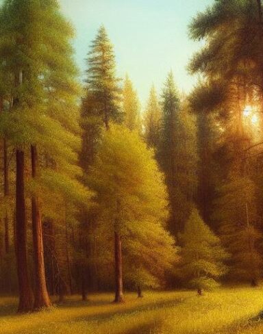 A painting of various trees in a forest with grassland