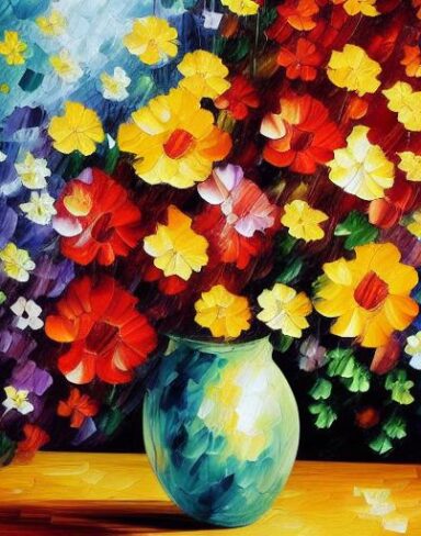 A painting of vibrant floral in a vase on a table
