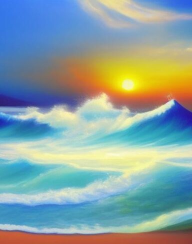 A painting of water and a beach