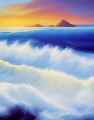 A painting of waves crashing on a beach