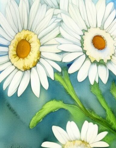A painting of white daisies