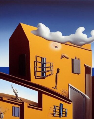 A painting on the side of a building in a bright sky