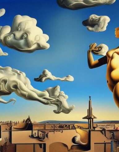 A painting on the side of a building with sculptures and sky