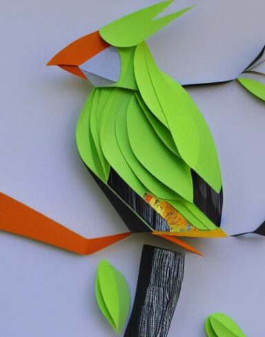A paper cut of a bird sitting on a branch