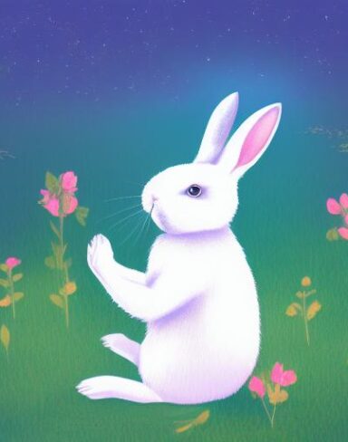 A peaceful white rabbit sitting in the middle of a forest at night alone