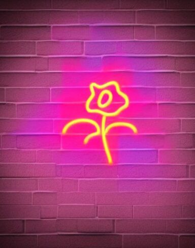 A purple flower neon sign on a brick wall