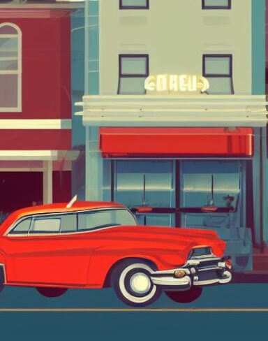 A retro car is parked in front of a restaurant