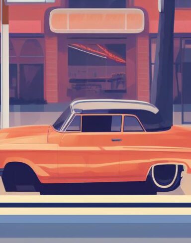 A retro car is parked in front of the restaurant