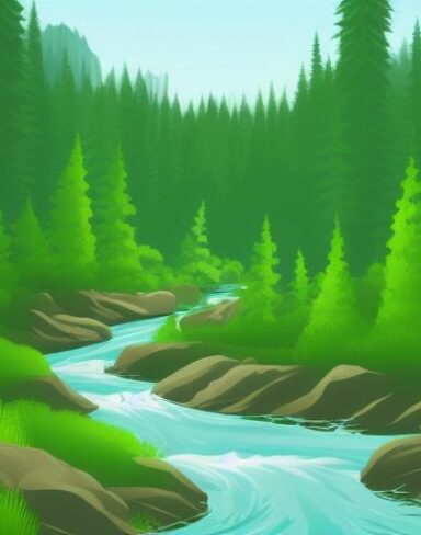 A river running through the green forest