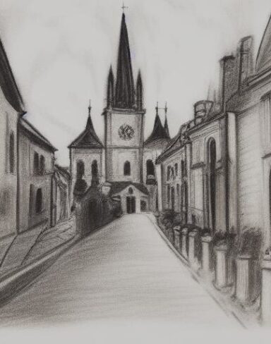 A rough black and white drawing of a city and church in the day with many flowers