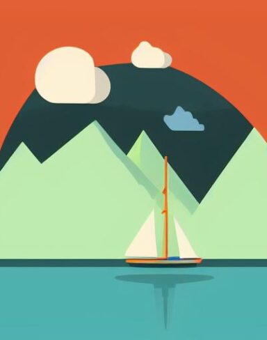 A sailboat in a lake with mountains