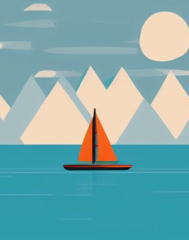 A sailboat in a lake with mountains