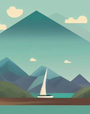 A sailboat in a lake with mountains