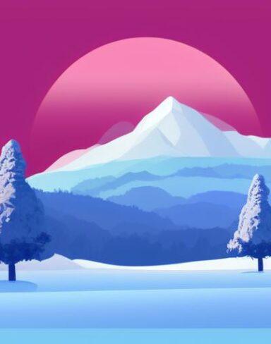 A snow covered mountain range with trees in winter