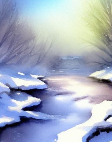A soft watercolor painting of snow-covered trees and a stream with sunshine