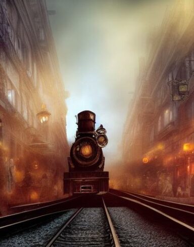 A steampunk train traveling through a city