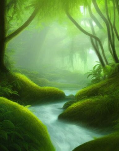 A stream running through the green forest