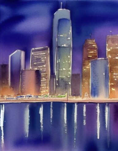 A watercolor drawing of a view of a cityscape at night with sky