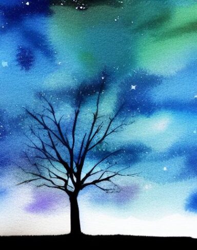 A watercolor of a night sky with a tree silhouette
