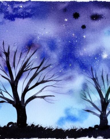 A watercolor of a tree in the night sky