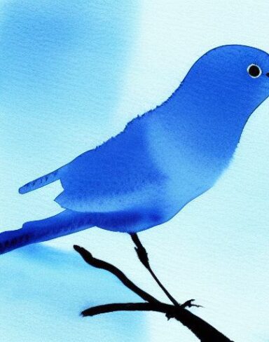 A watercolor painting of a blue bird and the branch inspired by Paul Bird