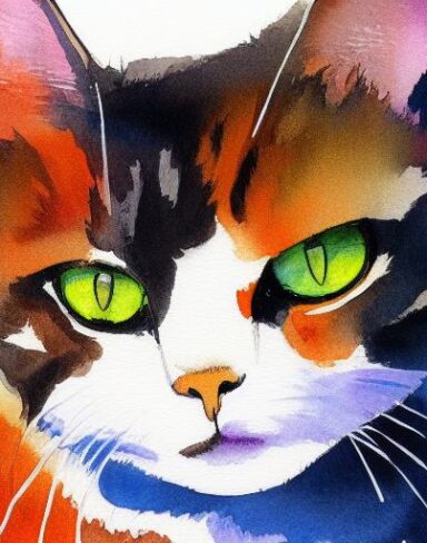 A watercolor painting of a cat with yellow eyes by Olga Boznańska