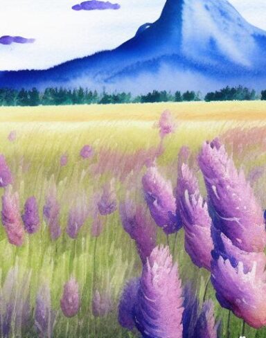 A watercolor painting of a field of flowers with a mountain in the background