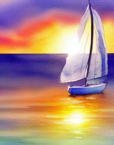 A watercolor painting of a sailboat in the ocean at sunset with big sea waves and sunlight beams