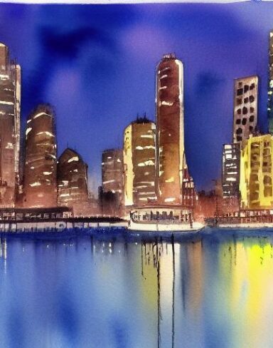 A watercolor painting of a view of the city at night